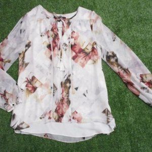 White House Black Market Floral Blouse - White and Pink